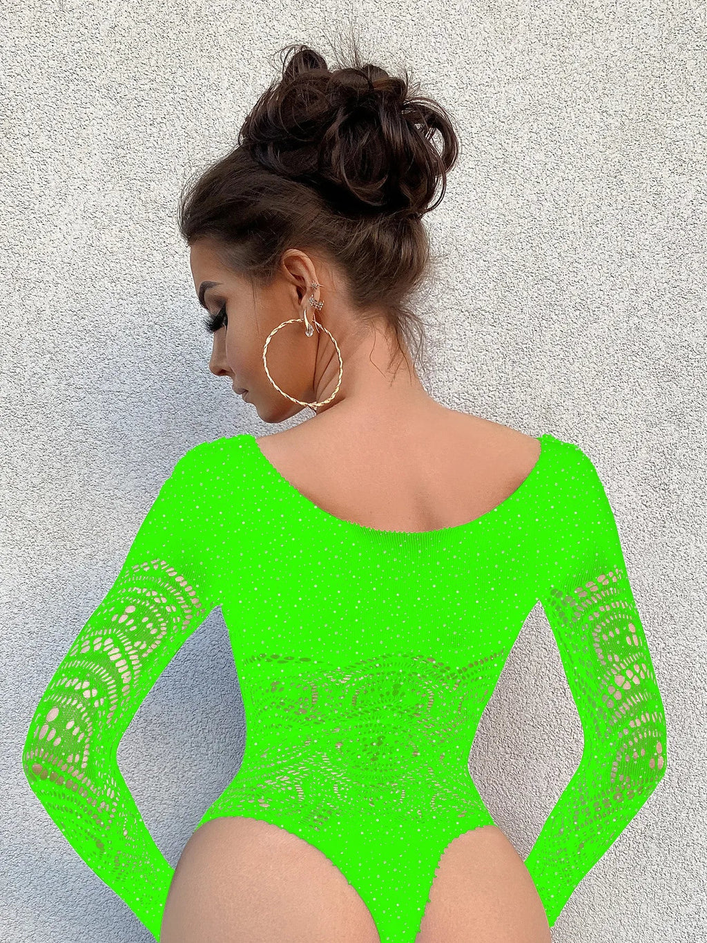 Toucheart Sexy Lingerie Long Sleeve Women's Jumpsuit Hollow Bikini One Piece Sexy Jacquard Solid Color Mesh See-through Bodysuit