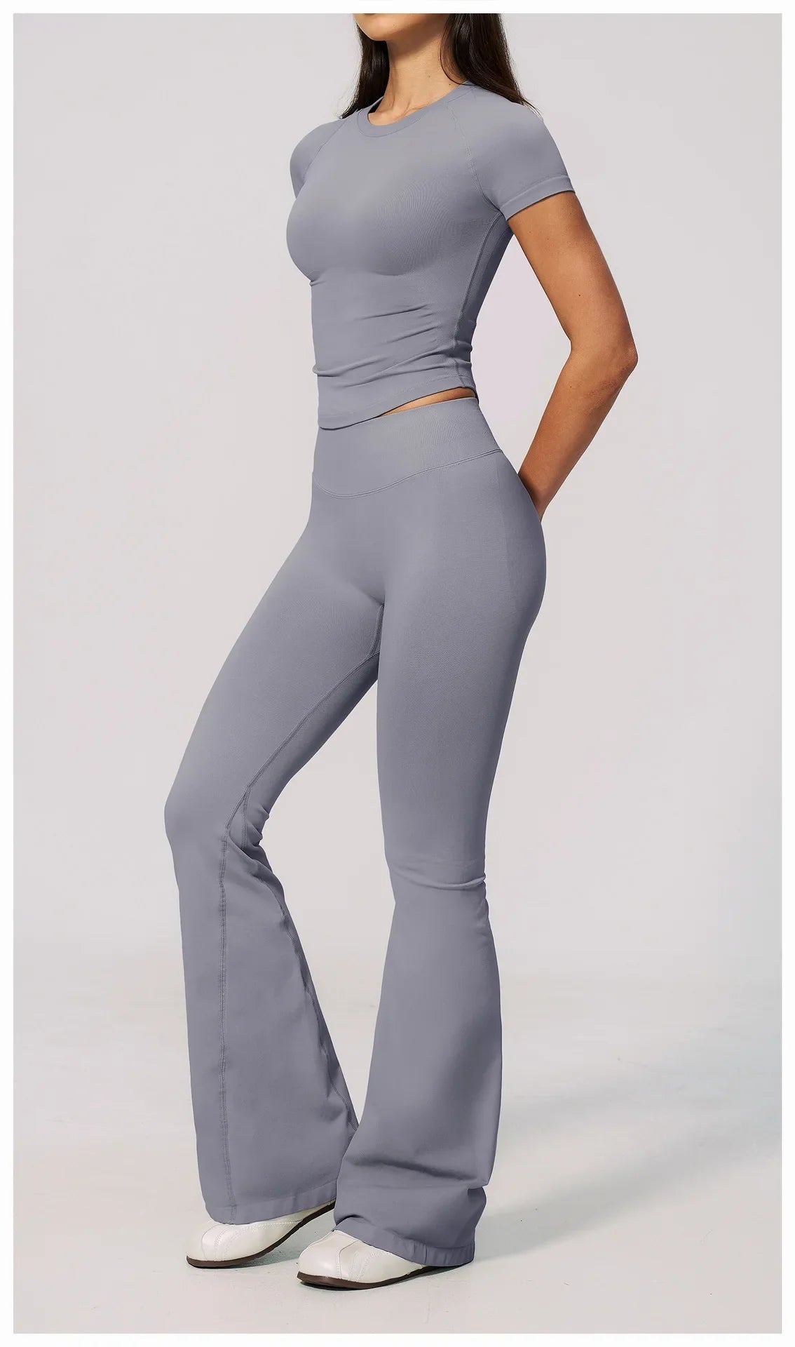 Seamless High Elasticity Yoga Sets Women Short Sleeve O Neck Sports T Shirts Workout Outfits Running Wide Leg Pants Fitness Suit