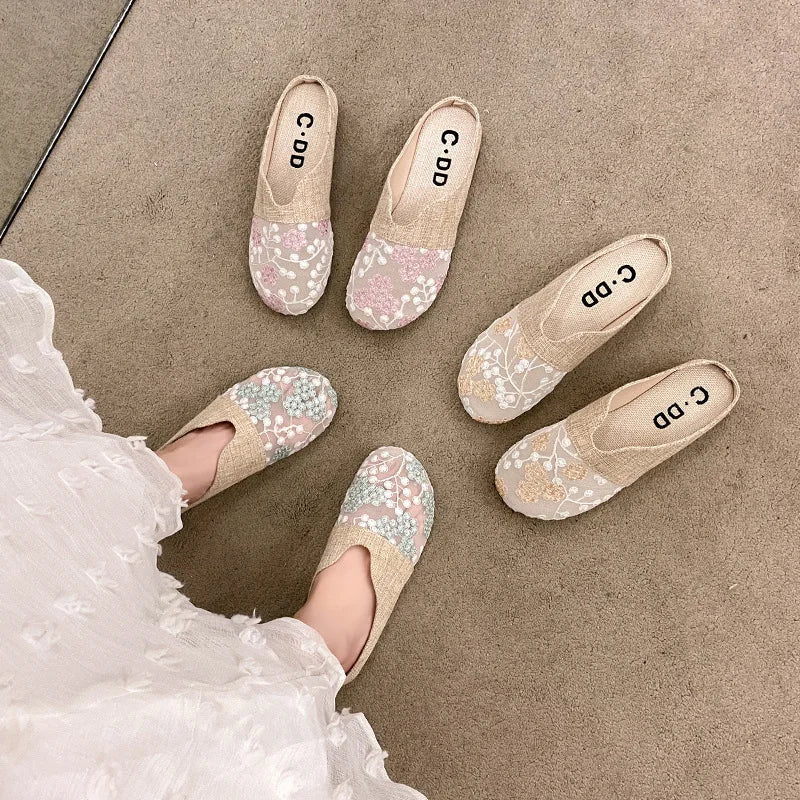 Breathable Mesh Linen Slippers For Women Summer Flat Shoes Anti-slip Female Indoor Outdoor Slides Office Lady Walking Sandals