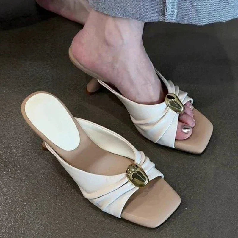 Summer Women Slippers Fashion Metal Decoration Open Toe Dress Slides Ladies Stripper Party Sandals
