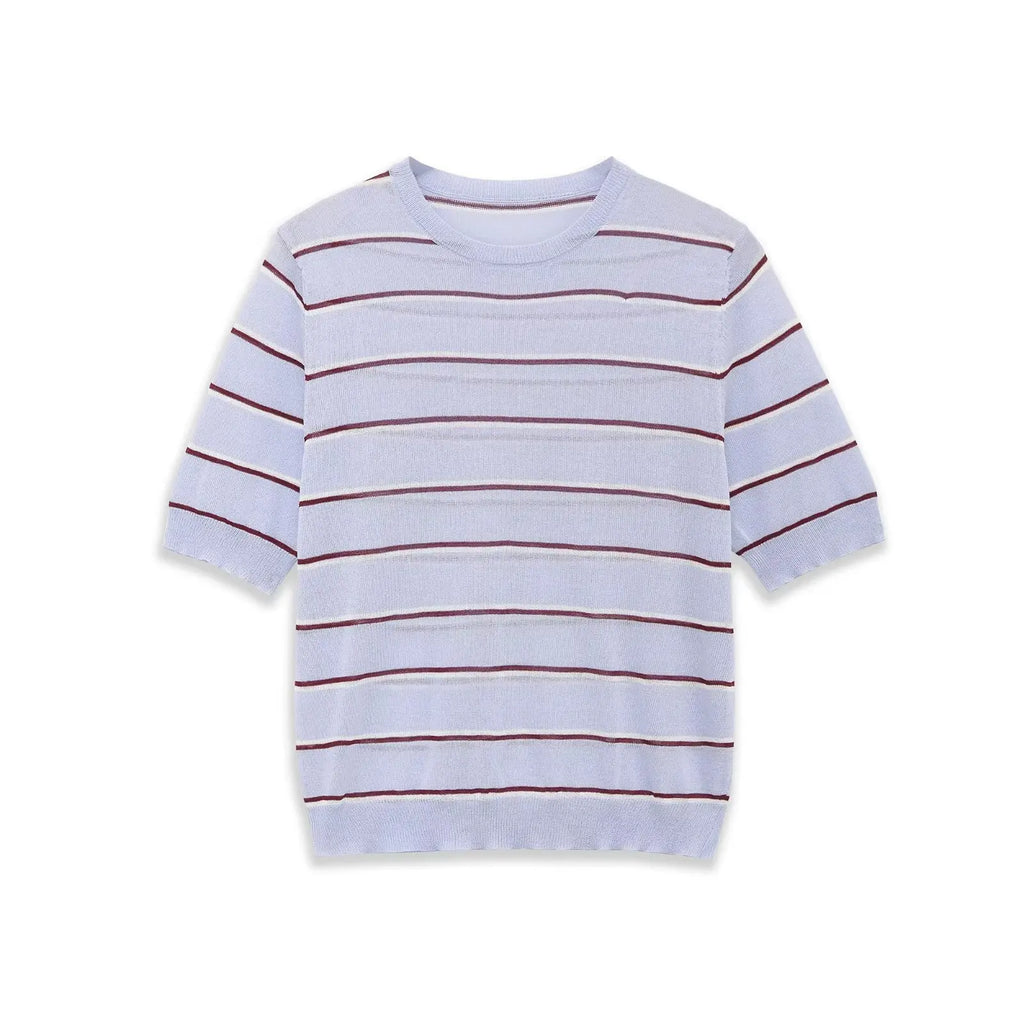 Fashion Short-sleeve Round-neck Striped Knit Top Light Blue With Knit Top Casual Sleeve Crew Neck For Women Daily Wear 0NSB