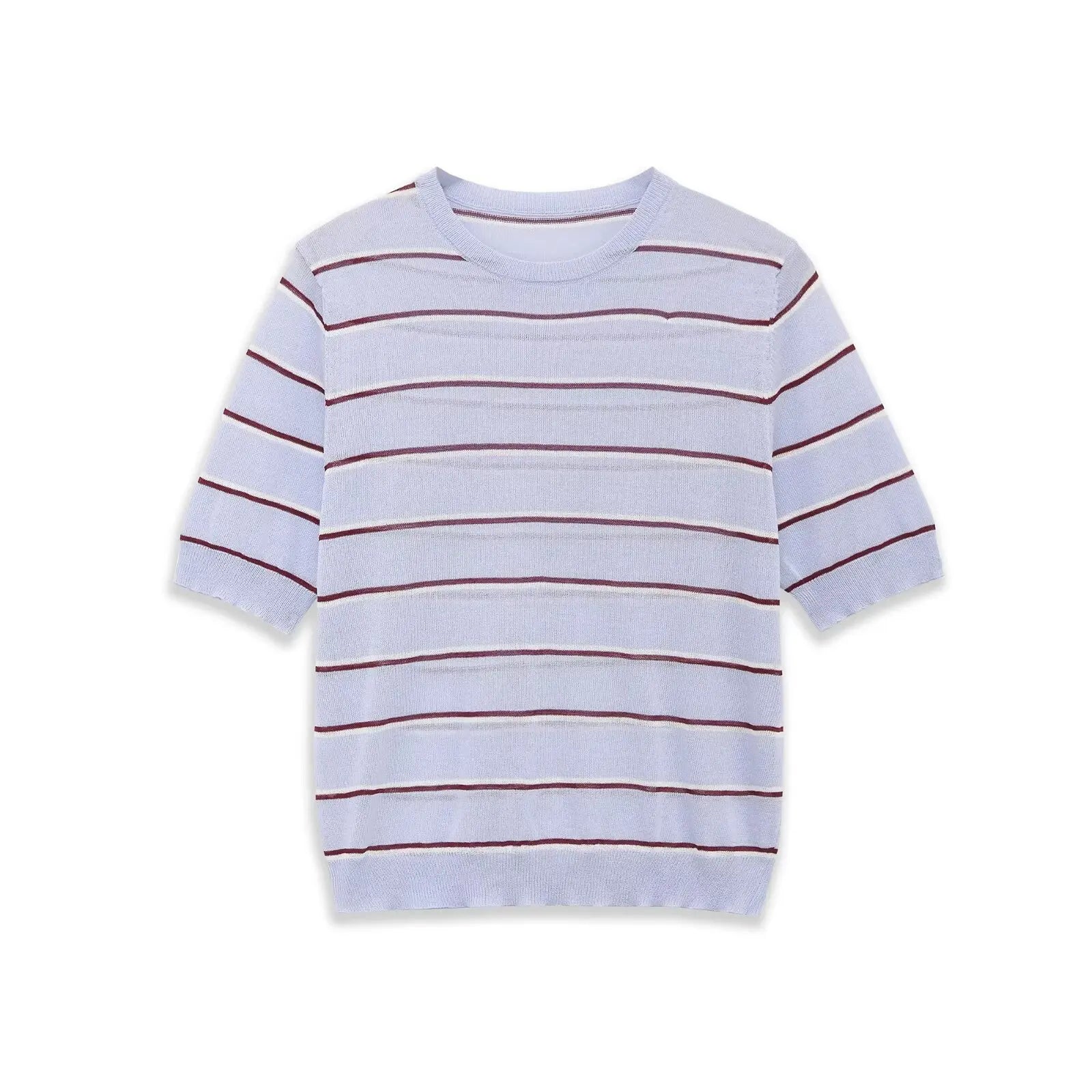 Fashion Short-sleeve Round-neck Striped Knit Top Light Blue With Knit Top Casual Sleeve Crew Neck For Women Daily Wear 0NSB
