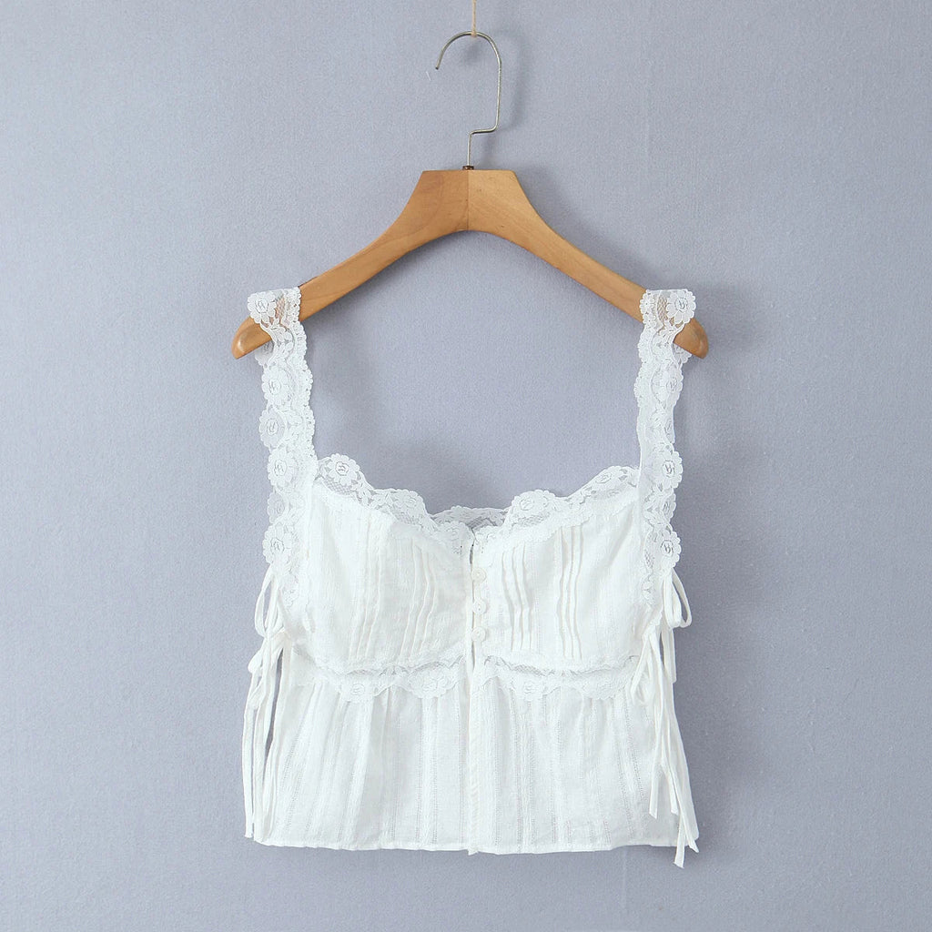 Foridol White Lace Tops for Women Summer Casual Side Tie Up Cotton Camis Top Buttons Casual Beach Vacation New Tops