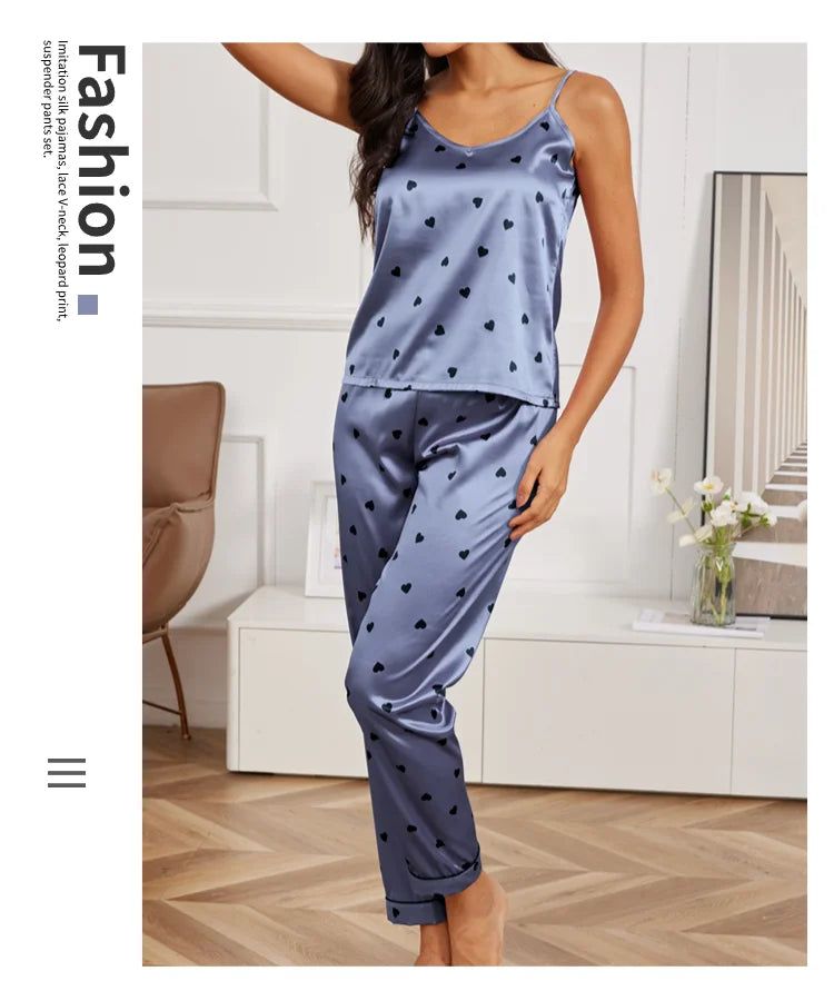 Ladies Heart Print Pajama Set Sexy V Neck Cami Top & Elastic Waistband Pants Pyjama 2 Pieces Women's Sleepwear & Loungewear Pjs