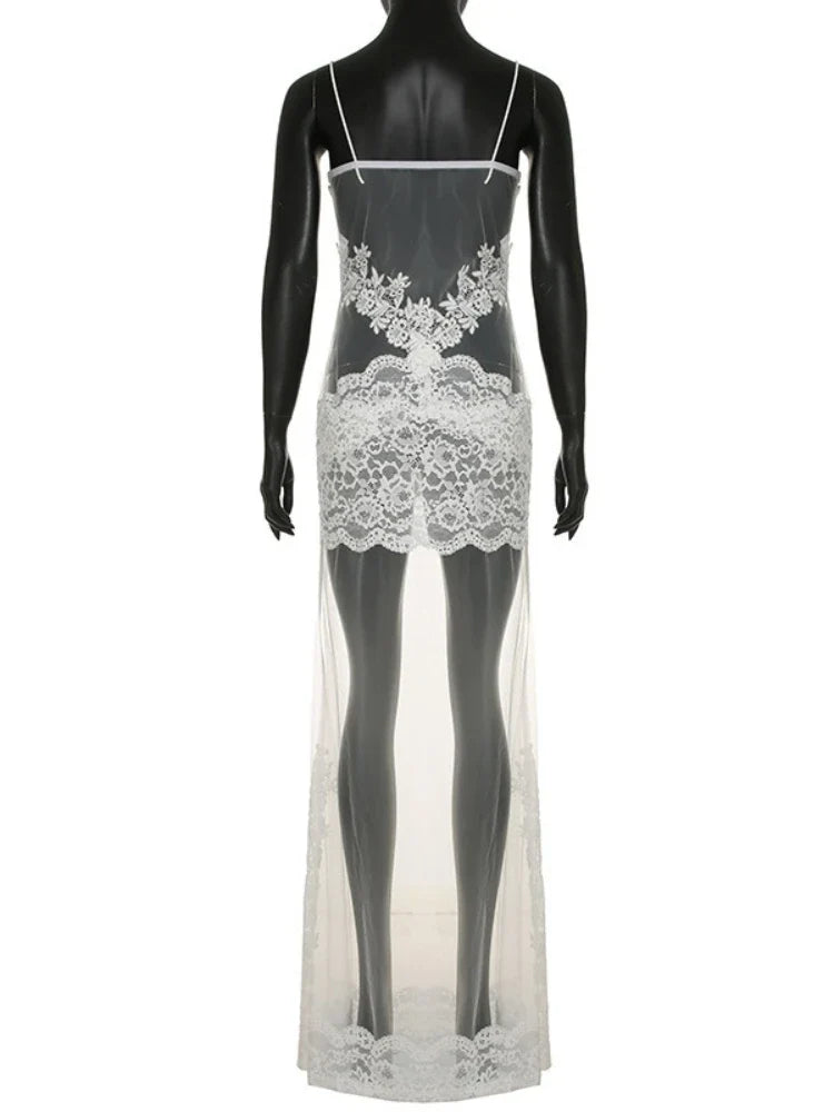 FDYOUI Sexy Lace Patchwork Mesh Long Dress Women Spaghetti Strap See-through Evening Party Dresses White Black Night Club Outfit