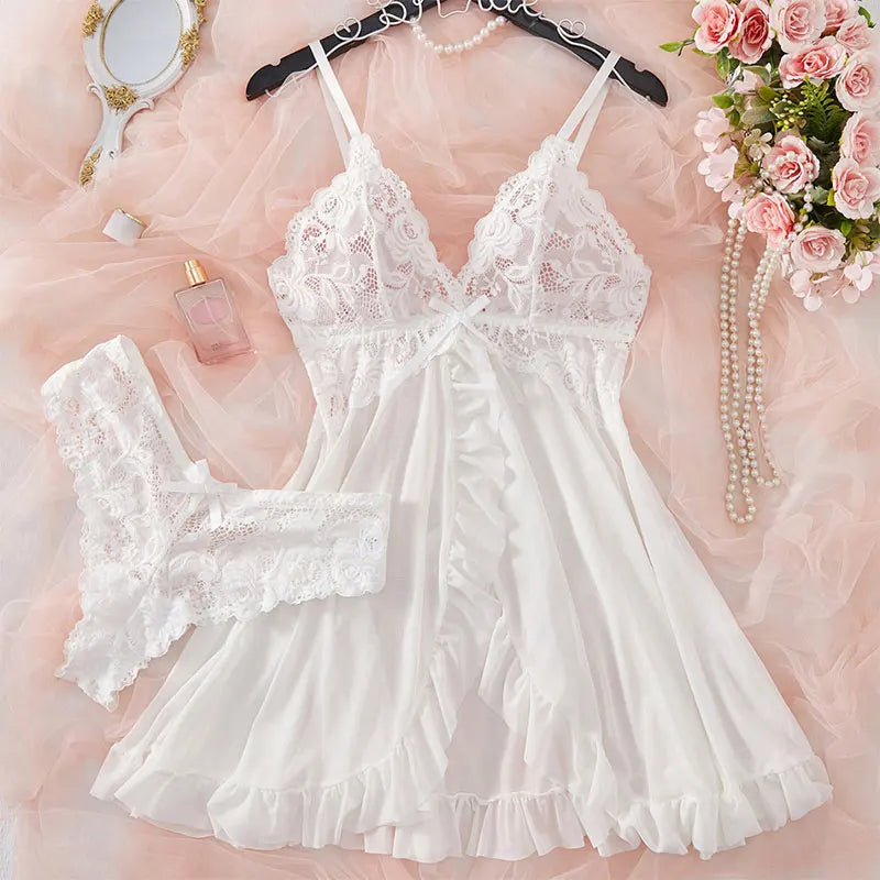 Sexy Lingerie Set Women Erotic Bra Nightdress Sexy Lace V-Neck Underwear Solid Slim Soft Dresses Transparent Thong & Sleepwear
