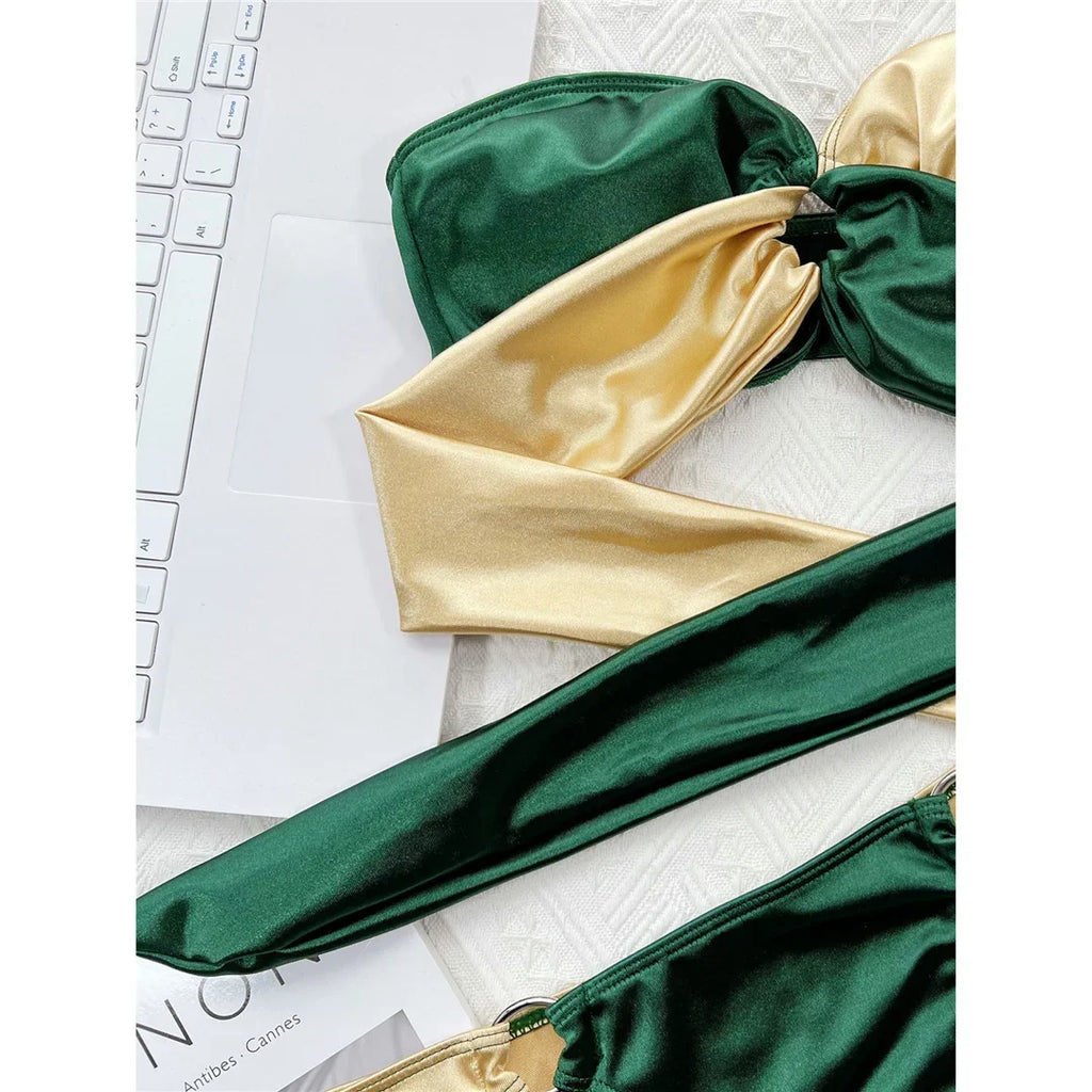 New Sexy Splicing Bandeau Strapless Bikini Women Swimwear Female Swimsuit Two-Pieces Bikini Set Bather Bathing Suit Swim V3859