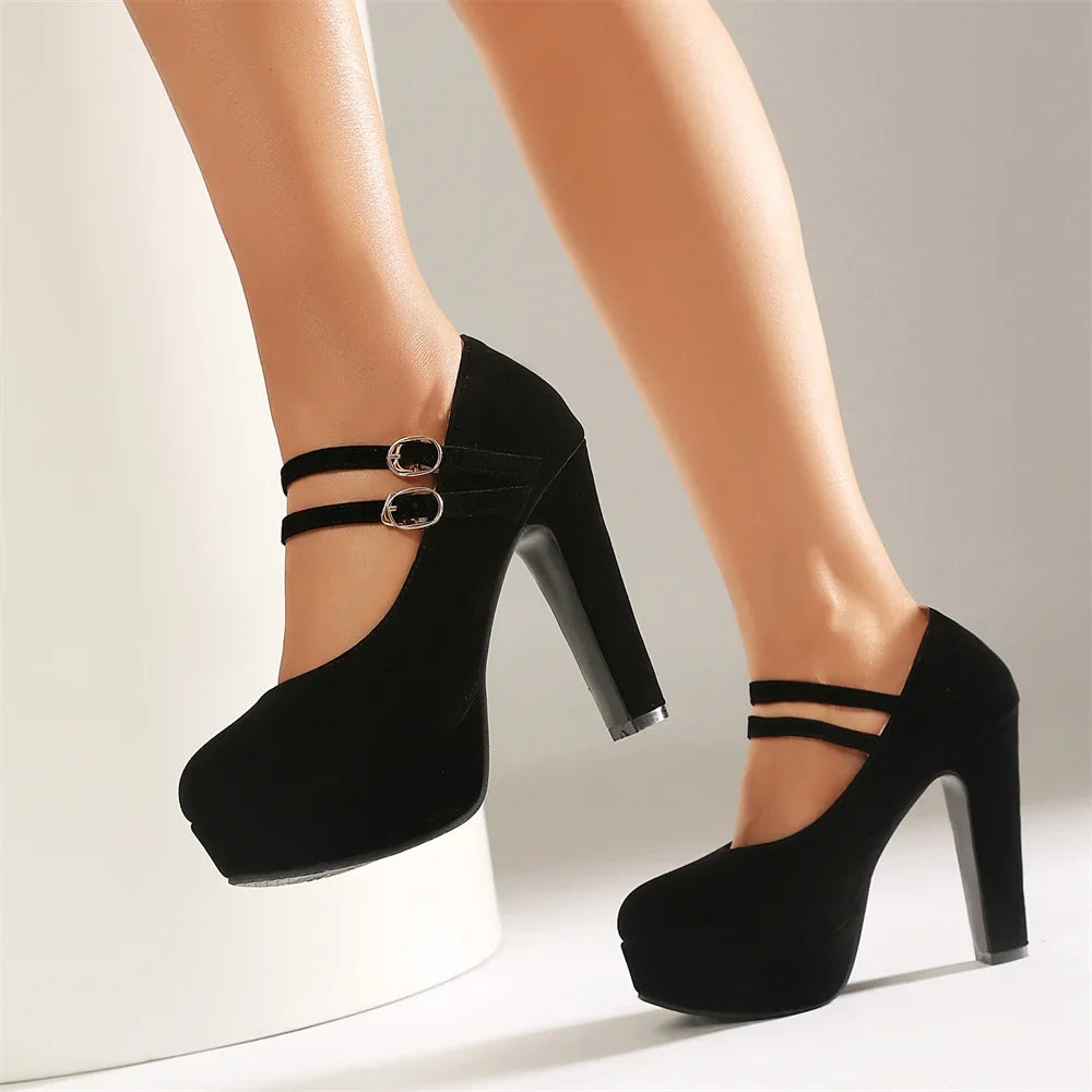 Sexy Black Faux Suede Double Buckle Straps Platform Mary Jane Pumps High Heels Wedding Club Daily Dress Shoes Women Plus Size 48