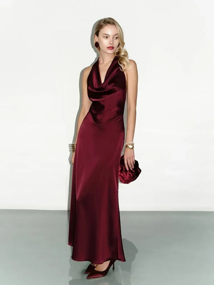 Ahagaga Fashion Stain Women's Maxi Dresses Solid Slim Fit Halterneck Sleeveless Bodycon Blackless Party Female Vestidos Robes