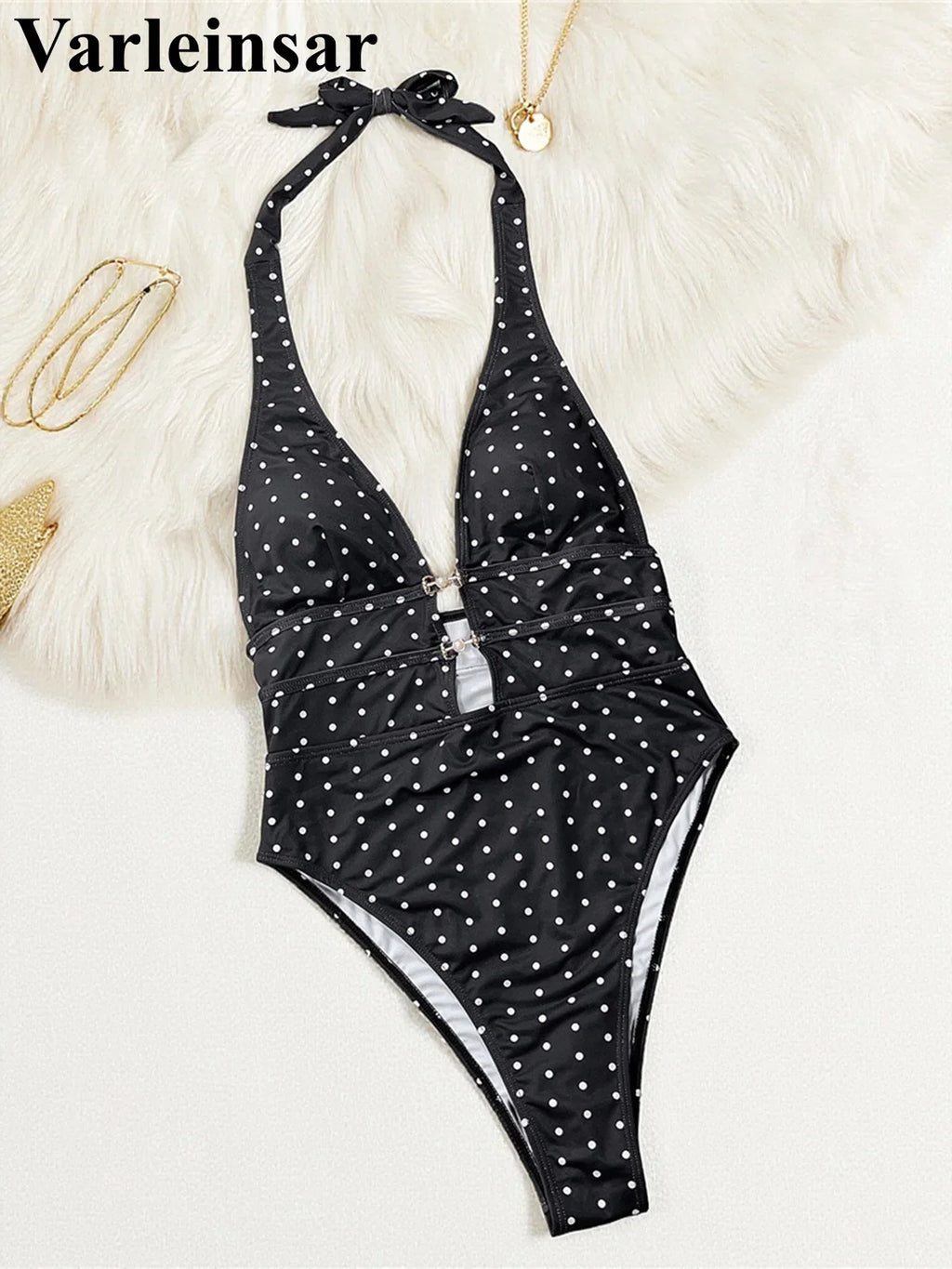 Polka Dots Halter Deep V Neck One Piece Swimsuit Women Swimwear Female Backless Monokini Padded Bather Bathing Suit Swim V7729