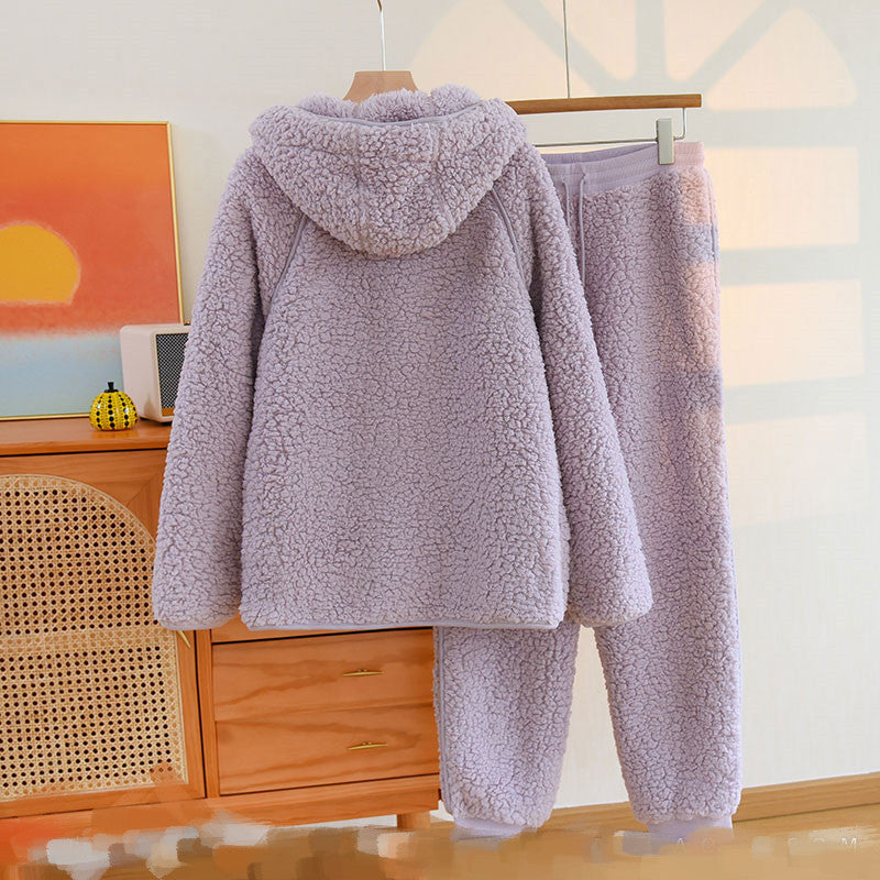Korean New Women Warm Coral Fleece Pajamas Set Autumn Winter Sleepwear 2 Pieces Home Suit Casual Hooded Pajamas Night Wear
