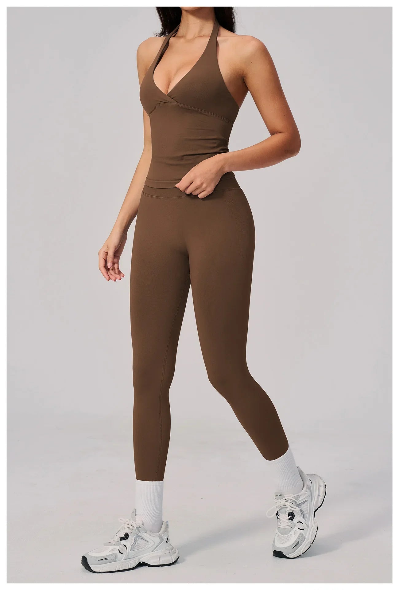 Summer Seamless Yoga Sets Women V Neck Slim Sports Tank Top Fitness Suit Peach Hip High Elasticity Leggings Running Tracksuit