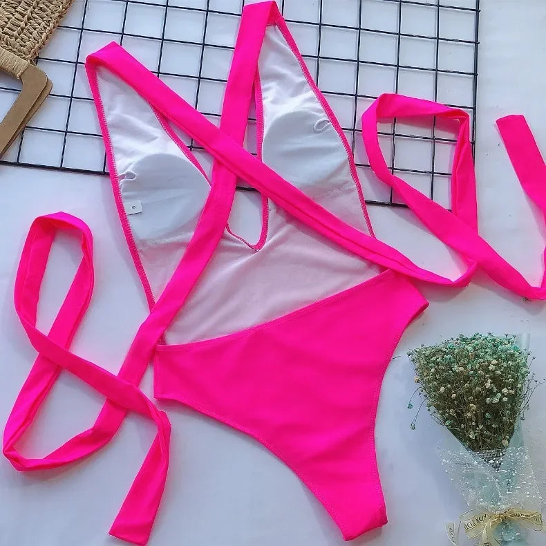 4 Colors One-Piece Swimsuit Swimwear Women Solid Sexy Deep V-neck Bathing Suit Beachwear High Elastic Straps Maio Feminino Praia