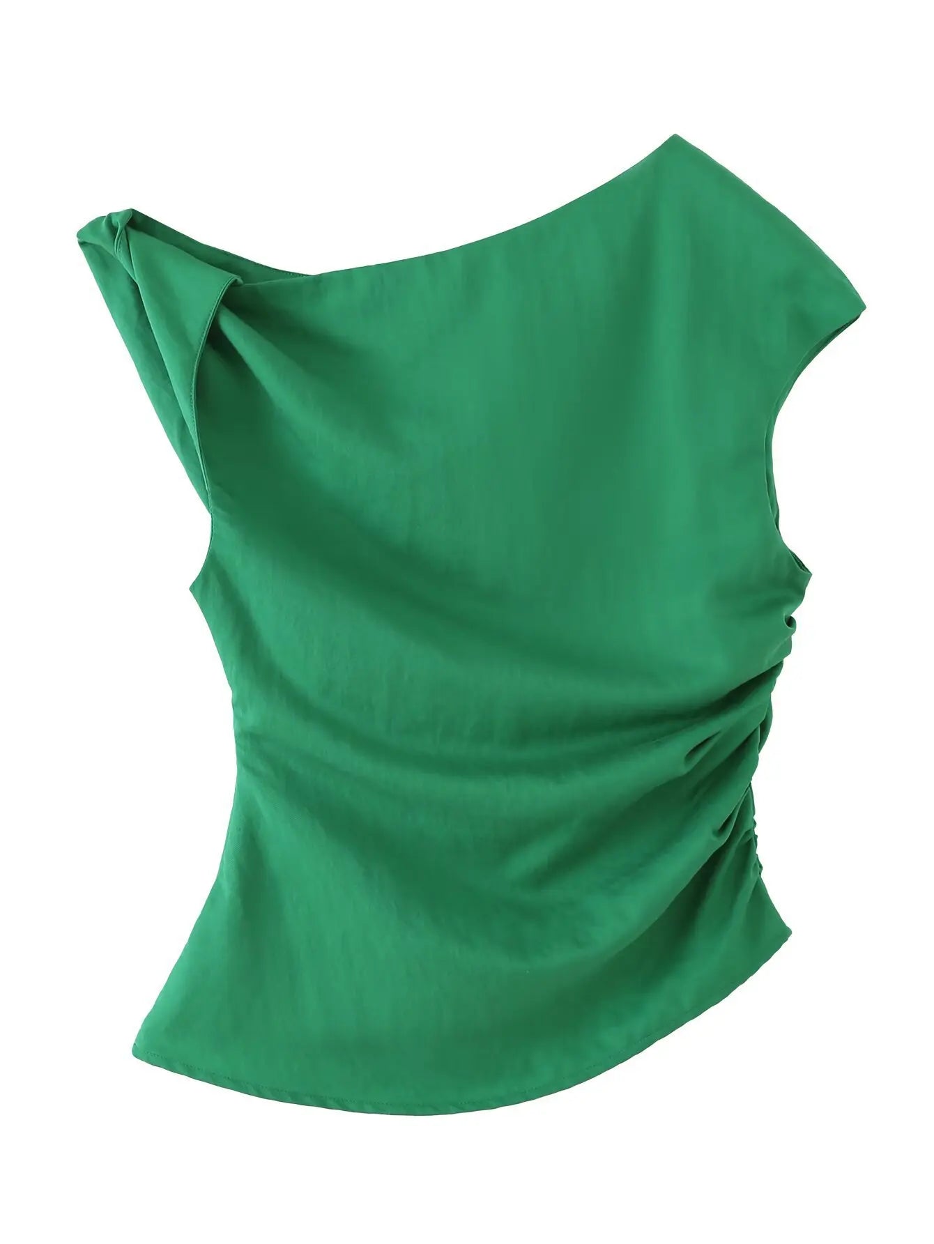 Women's Casual Slim-fit Top Ruched Design Green Ruched Sleeveless Top For Women One Shoulder Slim Fit Casual Summer Blouse 4WHE