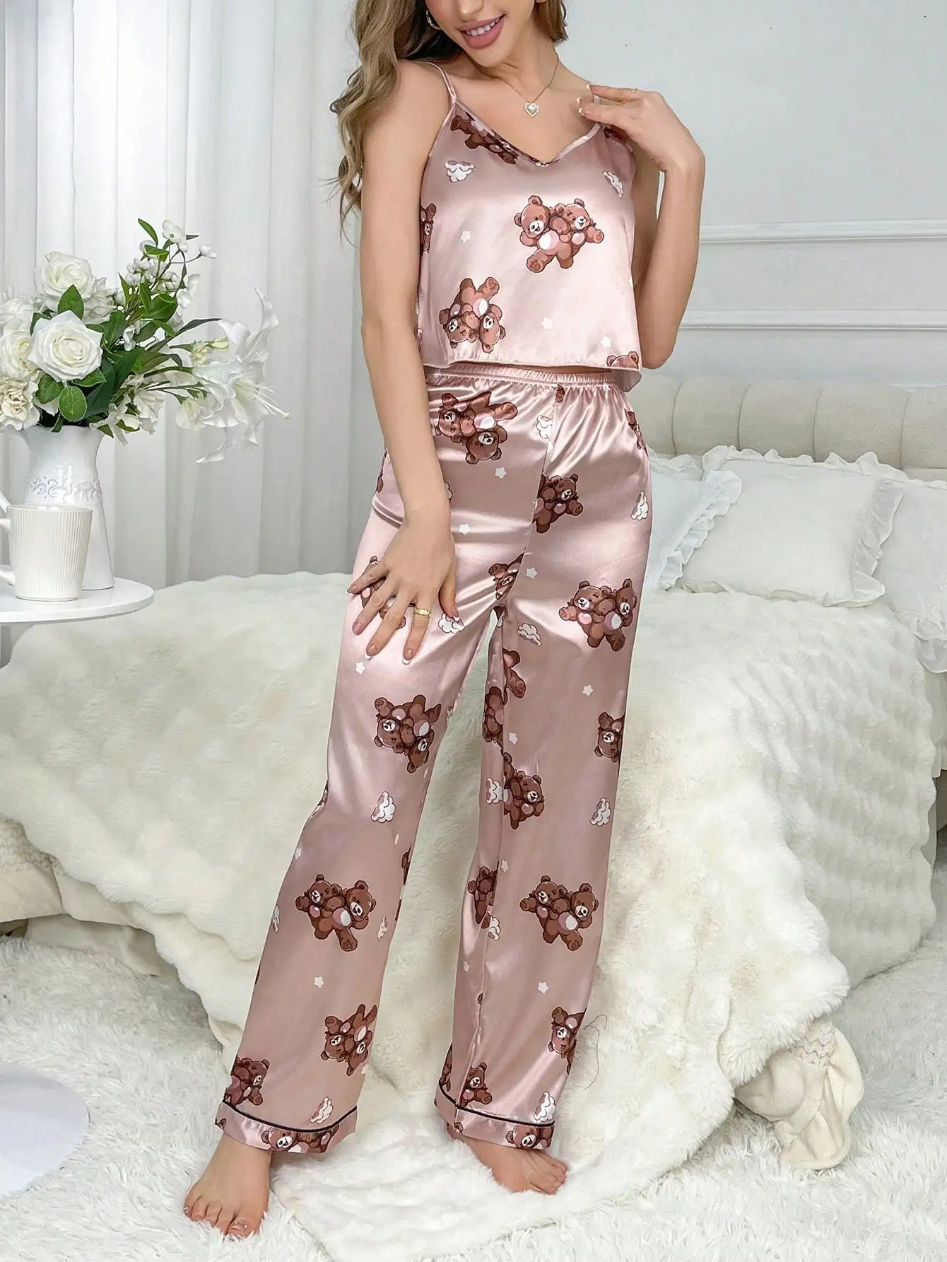 Women's Sleepwear Bear Print Camisole Trousers Pajama Set Loungewear Women Sexy Lingerie Pyjamas Silk Pajamas For Women Homewear