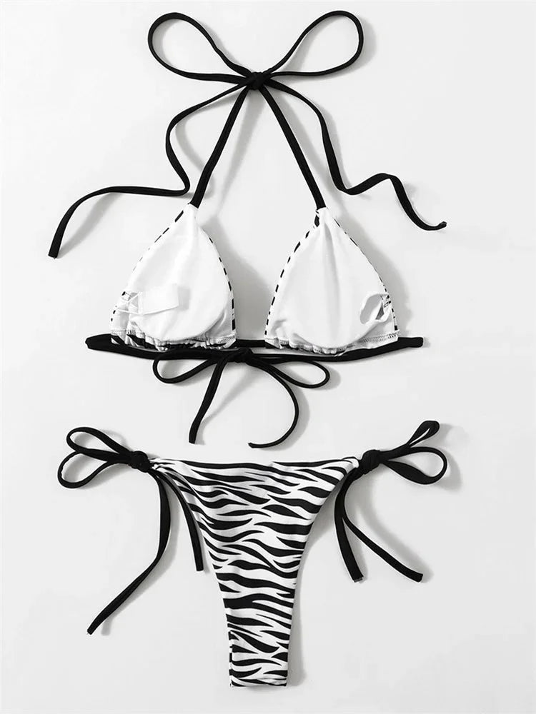 Sexy Zebra Striped Bikini Women Halter Push Up Triangle Swimsuit Brazilian Summer Bathing Suit Micro Swimwear 2025 Swimming Suit