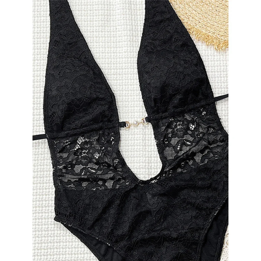 Lace Deep V Neck Halter Women Swimwear One Piece Swimsuit Female Monokini High Leg Cut Backless Bather Bathing Suit Swim V8264