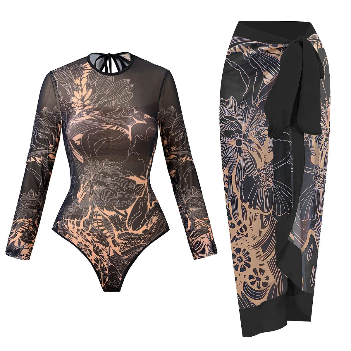 Vintage Black Floral Print One Piece Swimsuit Women Summer Long Sleeve Slim Fit Swimwear Skirt Set 2025 Holiday Bathing Suits