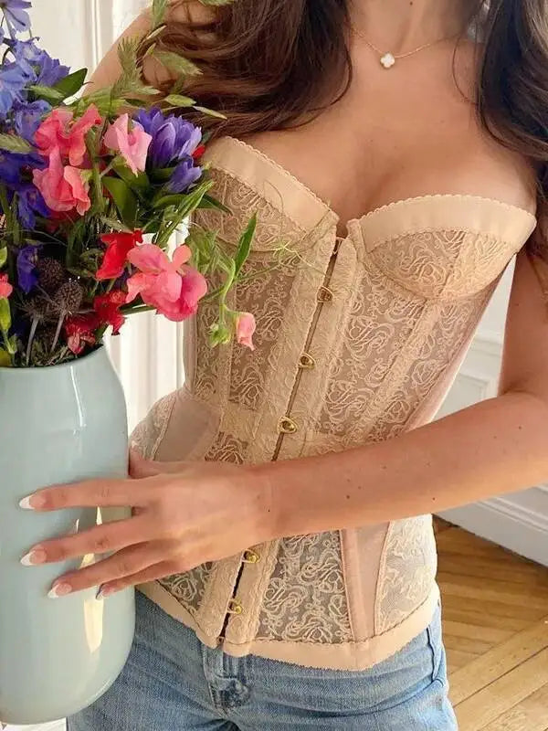 Spring Summer Sexy Hollow Out Waist Fishbone Strapless Shaping Top Slim Lace Corset Transparent Body Shaping Underwear G9N8