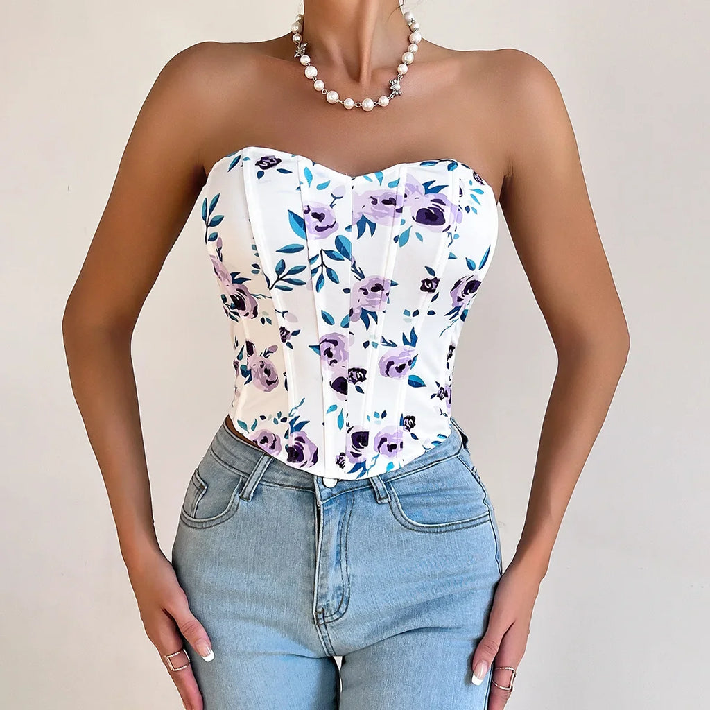 Summer Women Floral Y2K Crop Tops Printed Sleeveless Fishbone Corset Woman Sexy Backless Slim Strapless Streetwear Camisole