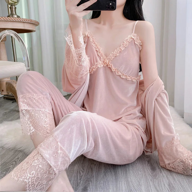 Gold velvet three-piece pajamas set, autumn and winter lace nightgown, sexy home wear with chest pad