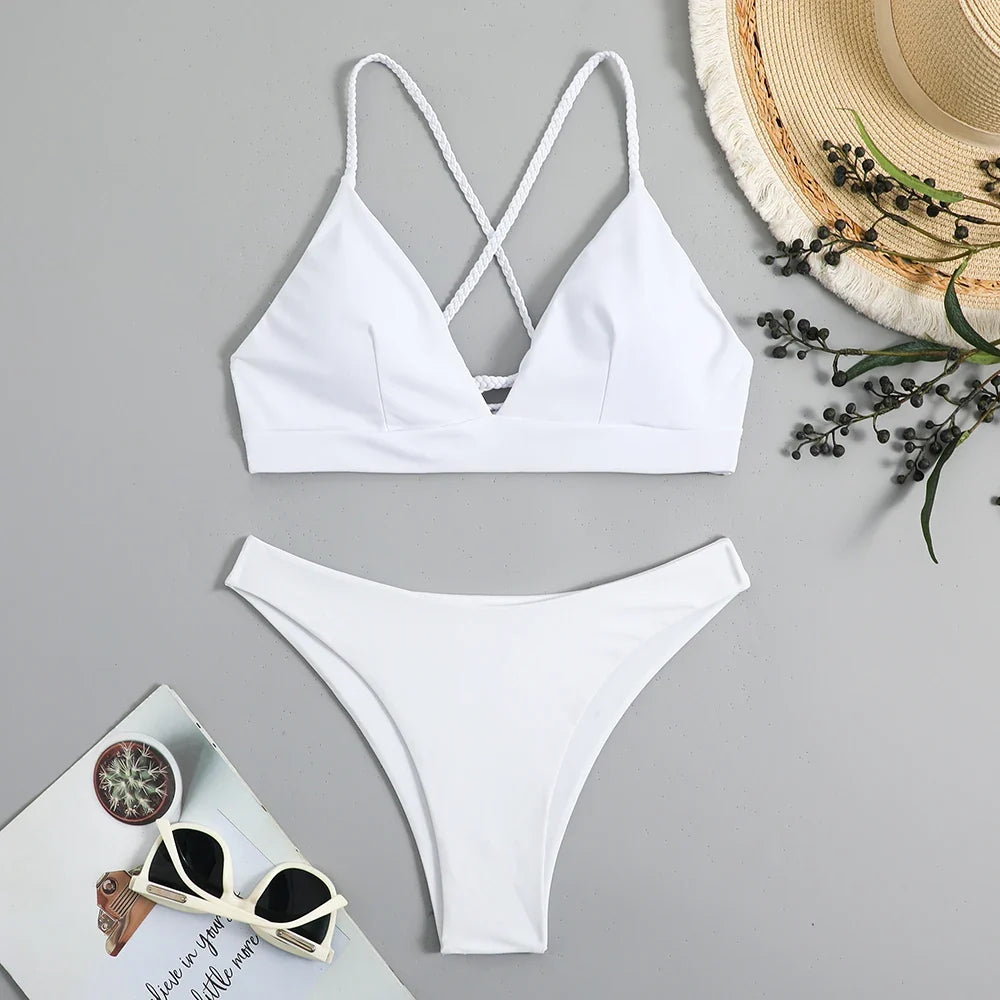 2026 V Neck Two Piece Solid Bikini Back String Women Swimwear Female Swimsuit Bathers Bathing Swimming Suit Beachwear Summer