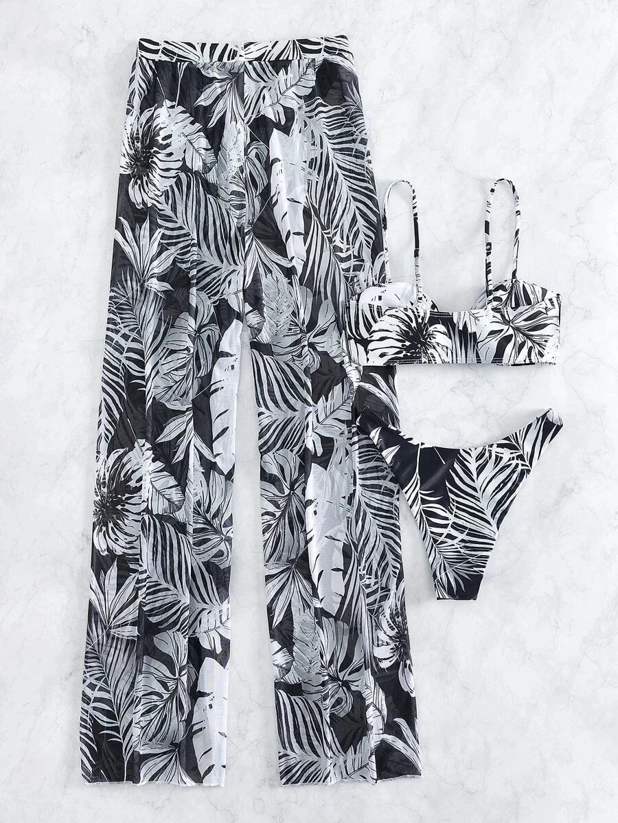 3 Pieces Strappy Bikini 2026 Women Printed Swimsuit Sexy Swimwear Female With Beach Pants Bathers Bathing Swimming Swim Suit