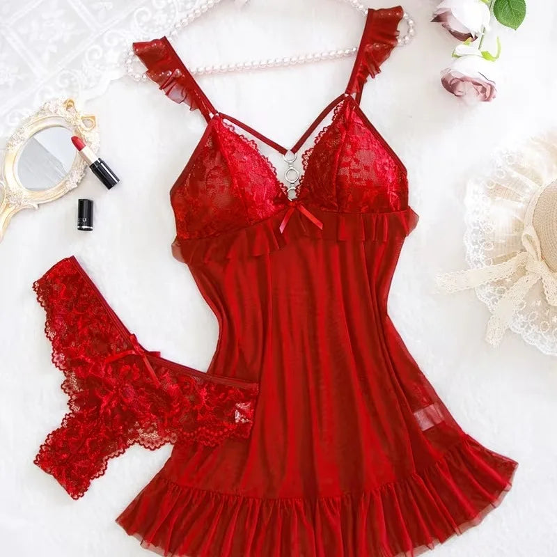 2026 New Red Sexy Lingerie Set Women Deep V Slip Dress Thong Erotic Bra Panty Sets Lace Nightdress Soft Nightgown wedding Pijama