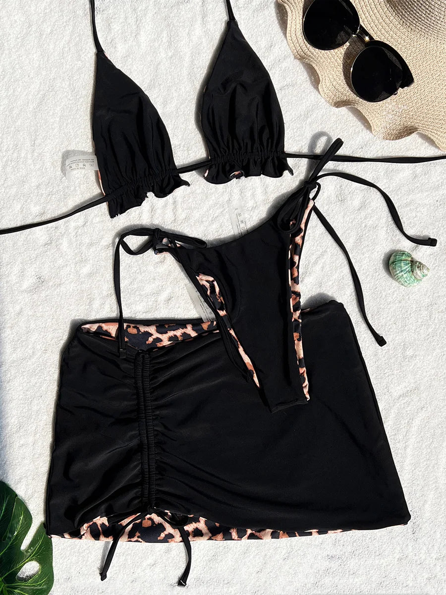 XS - L Doulbe Side Wearable Reversible Bikini Women Swimwear Female Swimsuit Three-pieces Bikini Set Ruffled Bathing Suit Swim