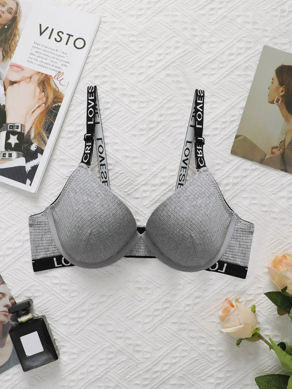 Women's Grey Bra With Letter Band Design 3/4 cup Pull Up Sexy Lingerie Solid Color All Season Brassiere R8809