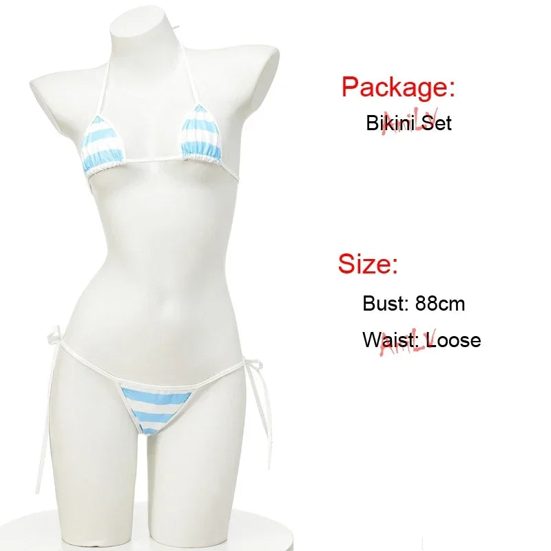 PU Leather Micro Bikini Set Women Swimsuit Japanese Kawaii Stripes Bra Set Sexy Lingerie Underwear Summer Swimwear Costume