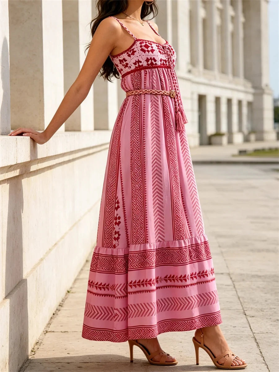 Women Summer Sleeveless Flowy Dress Geometric Print Knit Corset Ruffle A-line Long Dress Casual Party Bohemian Streetwear