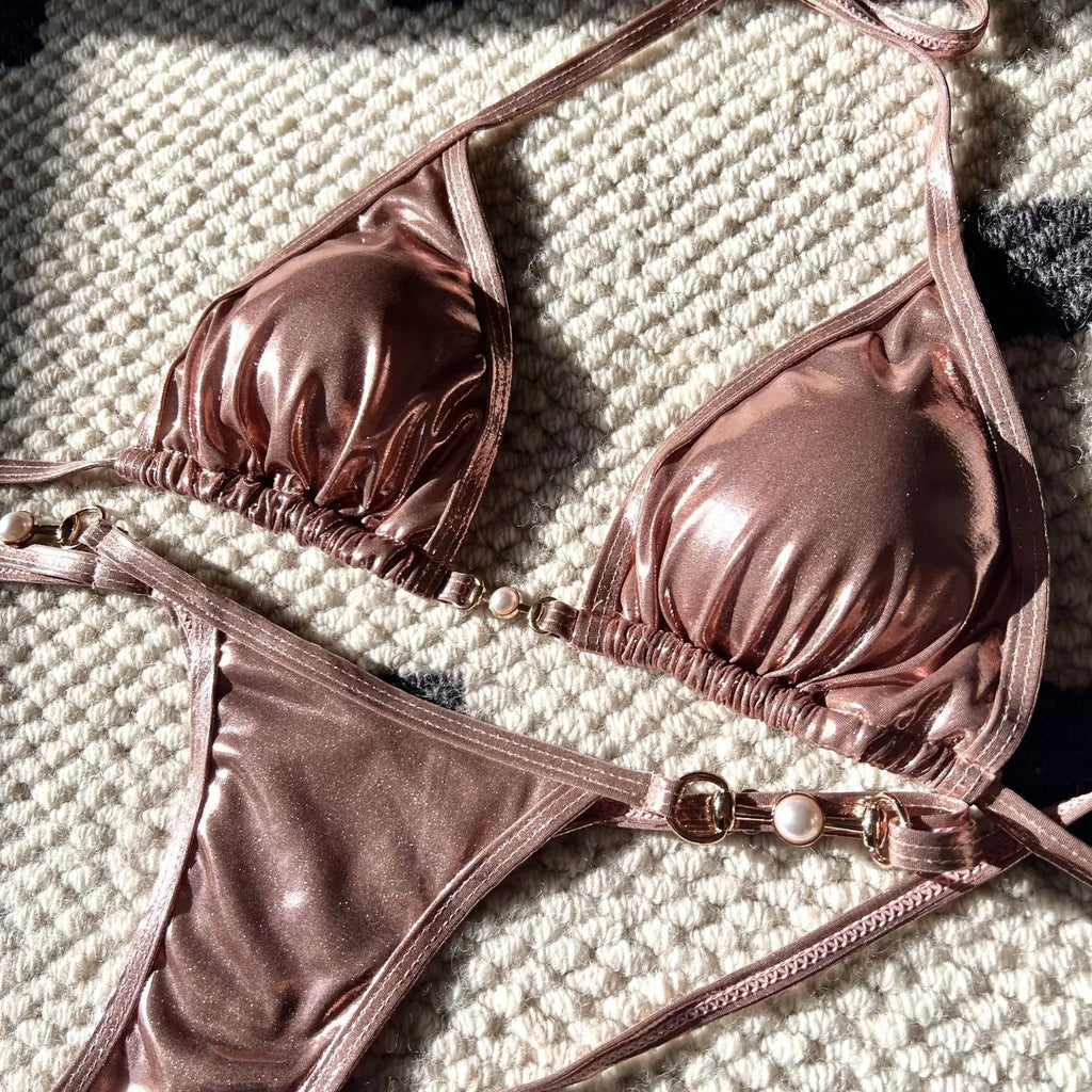 DEKA Sexy Brazilian Shiny Pearl Micro Bikini Faux Leather Swimwear Women Thong Swimsuit Halter Triangle Bikini Set Bathing Suit