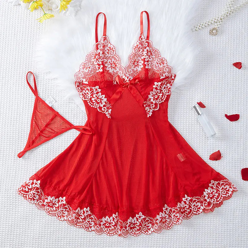 Women's Nightgowns See Through Sexy Deep V Embroidered Nightdress Pajamas Thong Sleepwear Baby Doll Lingerie