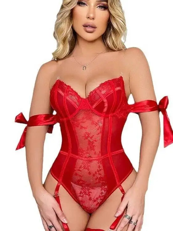 New Sexy Lace Off-Shoulder Backless Sexy Transparent Suspenders Backless Deep V Sleeveless Solid Color Bodysuits Nightclub 2REP