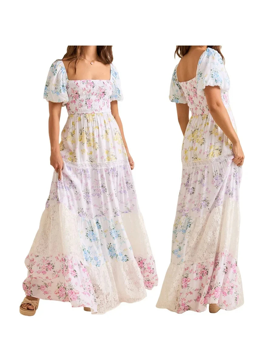 Women Summer Floral Print Dress Square Neck Puff Short Sleeve Ruffle Hem A-Line Dress Retro Casual Streetwear