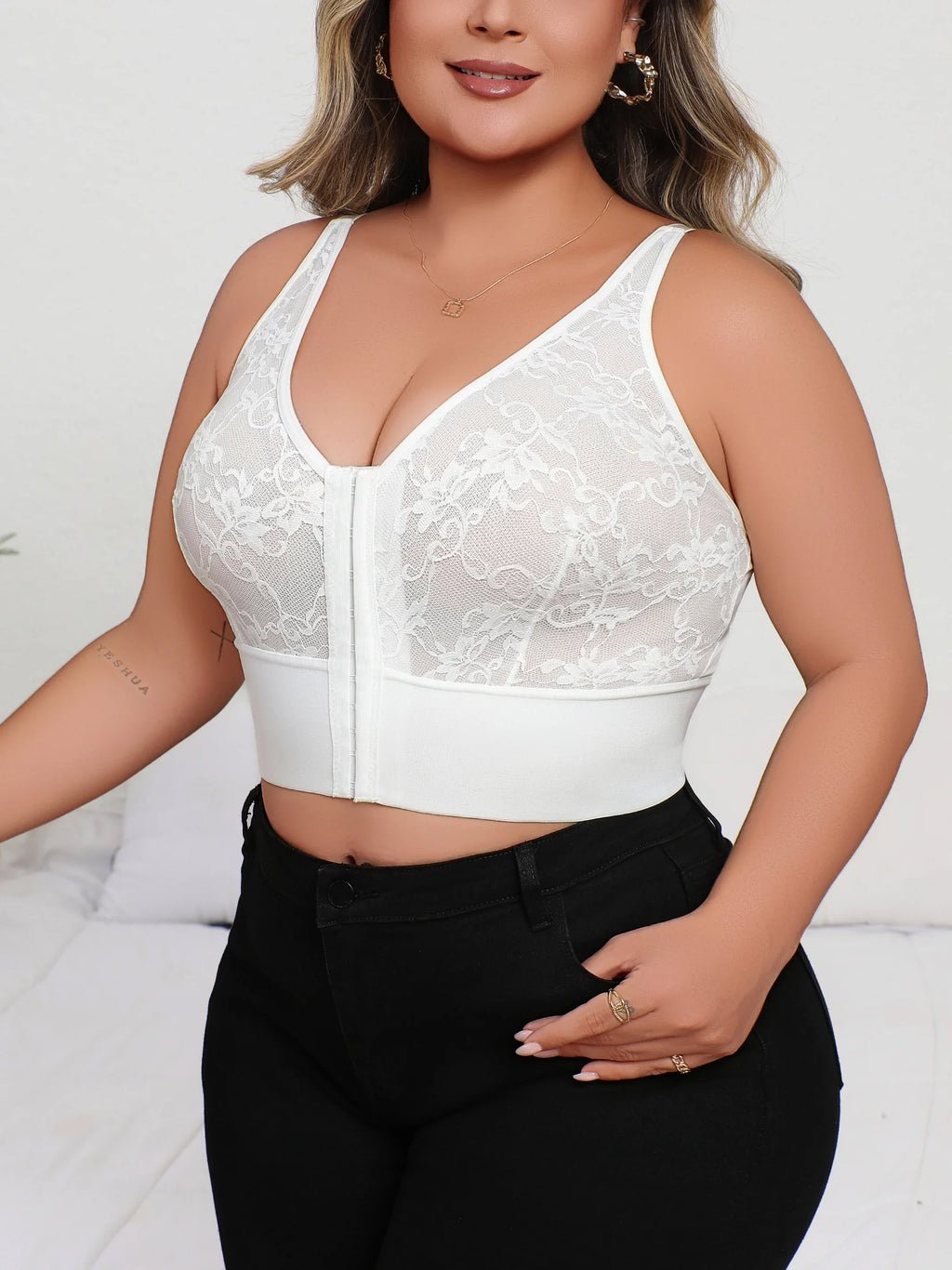 Plus Size Deep V Lace Lingerie, Sheer Plunge Bra with Front Zip, Open Back & Shaping Support