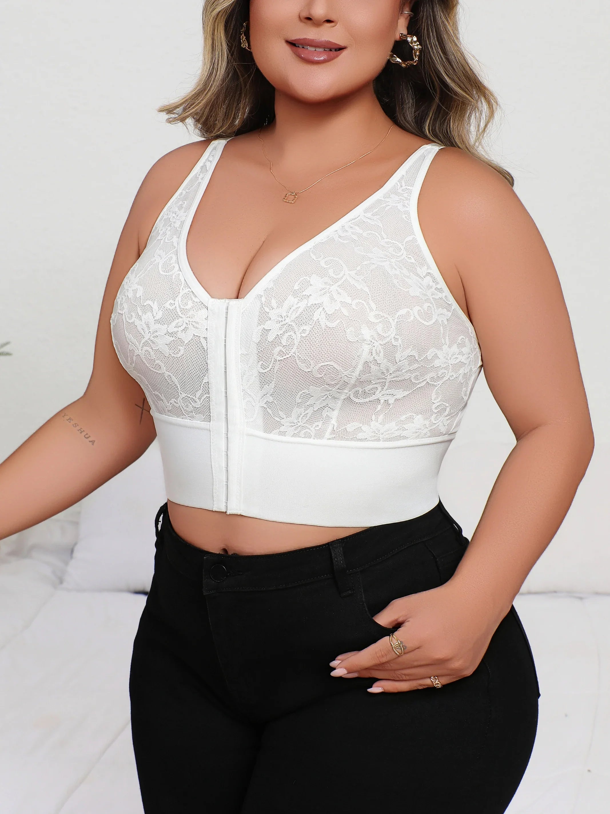 Plus Size Deep V Lace Lingerie, Sheer Plunge Bra with Front Zip, Open Back & Shaping Support