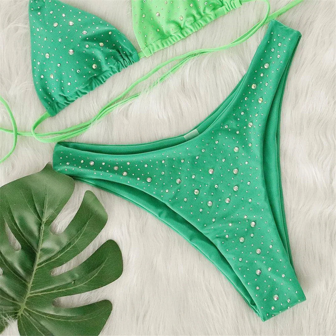 Splicing Halter Diamond Rhinestones Bikini Female Swimsuit Women Swimwear Two-Pieces Bikini Set Bather Bathing Suit Swim V6467