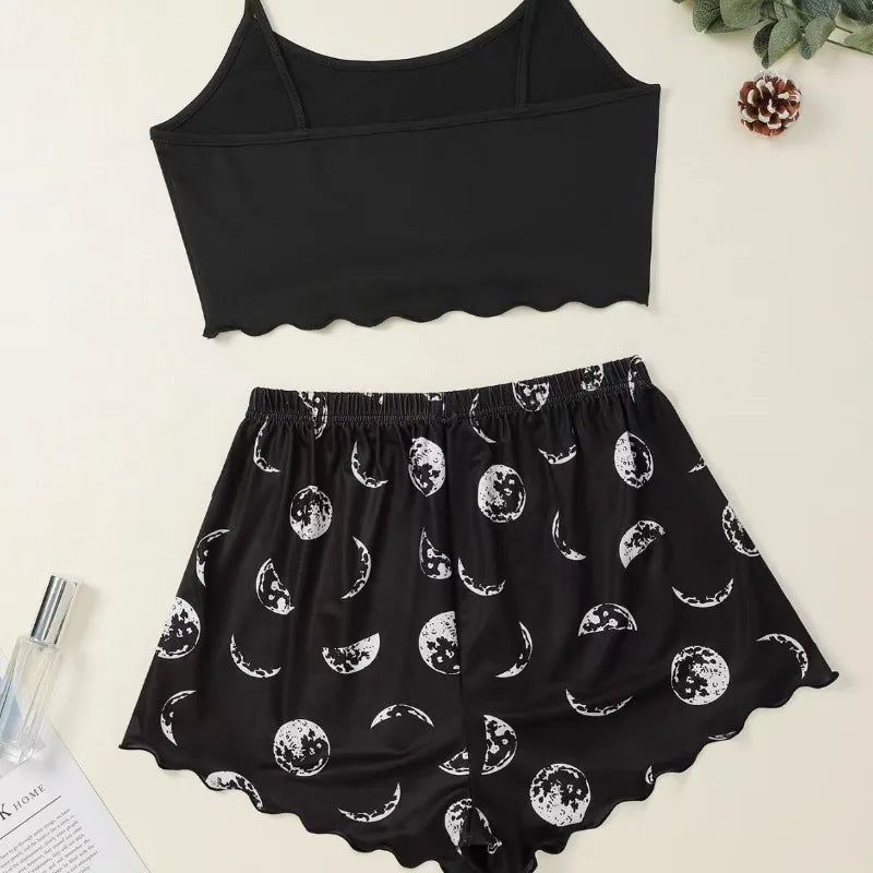 Women Pajamas Sleepwear Pajama Set Sports Camisole And Shorts Pink Moon And Planet Print Summer Soft Comfortabl Casual