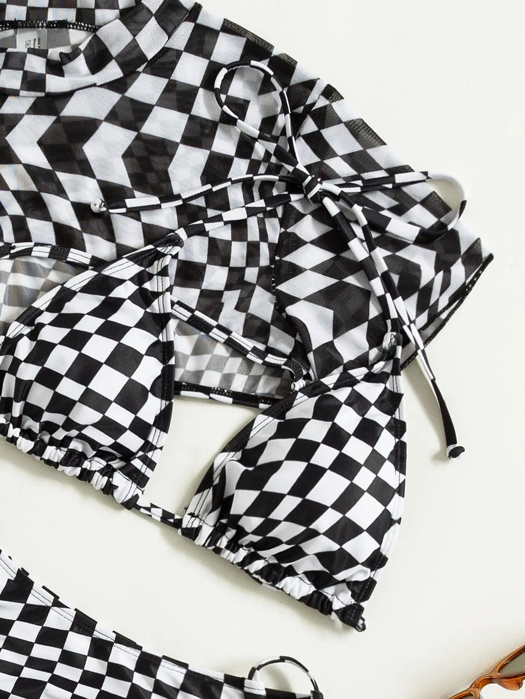 3 Pieces Checkered Tie Side Bikini 2026 Women With Cover Up Top Swimwear Female Swimsuit Beach Wear Bathing Swimming Suit Summer