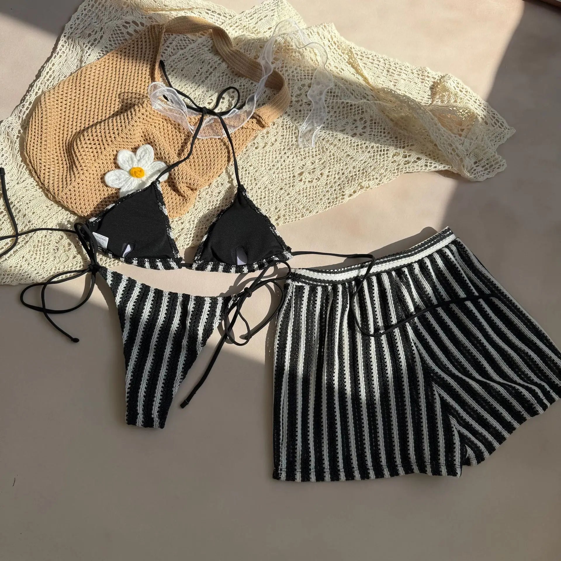 Sexy Green Orange Striped Bikini Set Women Halter Push Up High Waist Panties 3 Piece Swimsuit 2026 Summer Bathing Suit Swimwear