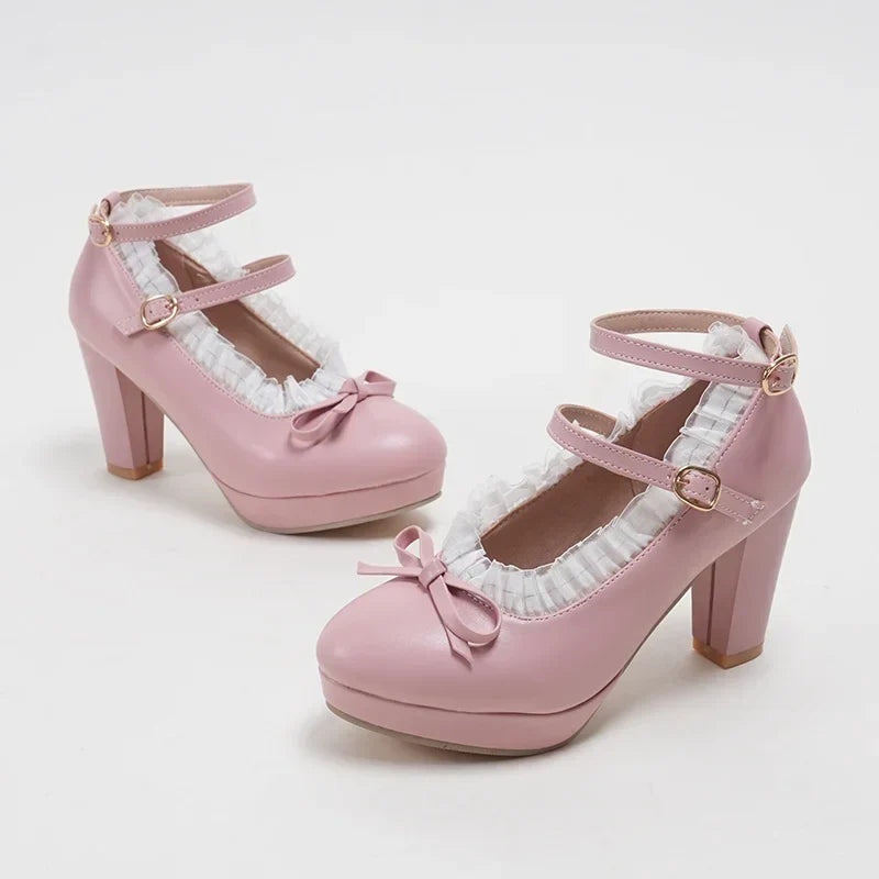 Women's Sweet Cute Lace Bow Lolita Platform High Heels, White Pumps Wedding Party Dress Shoes, Big Sizes 33-48