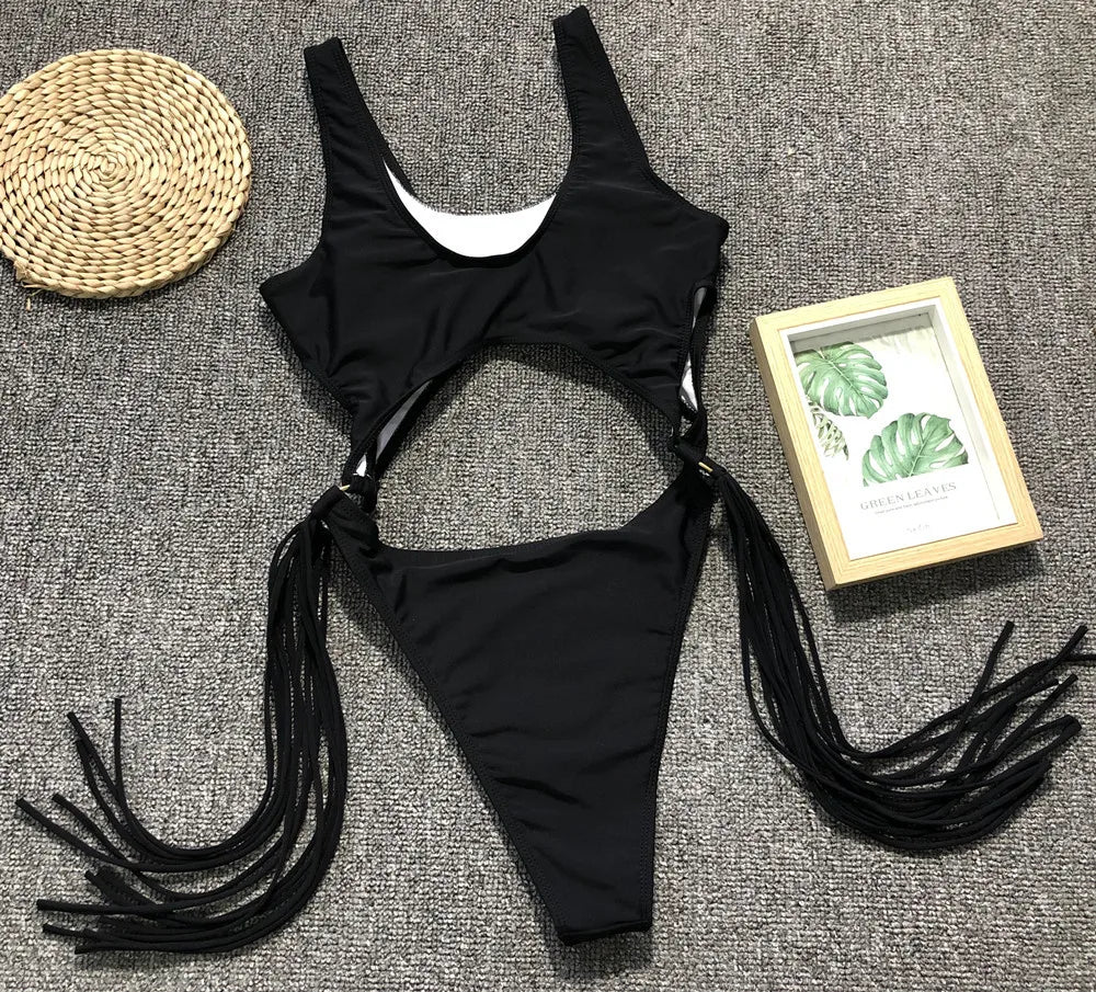 DEKA Long Tassel One Piece Swimwear Hollow Out Women Backless Swimming Suit Cut Out Halter Cross Swimsuit Female Beachwe Bathing