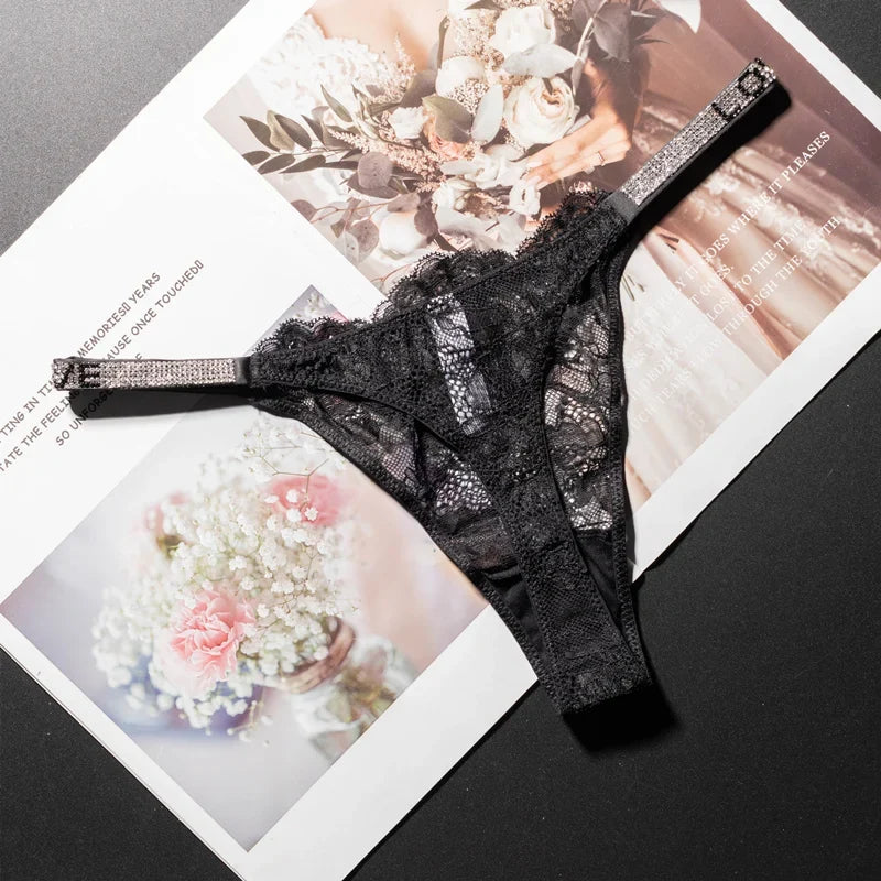 Lace Sexy Girls Women Panties Seamless Underwear Rhinestone G String Letter Transparent Thong For Female Low Rise Ladies Briefs