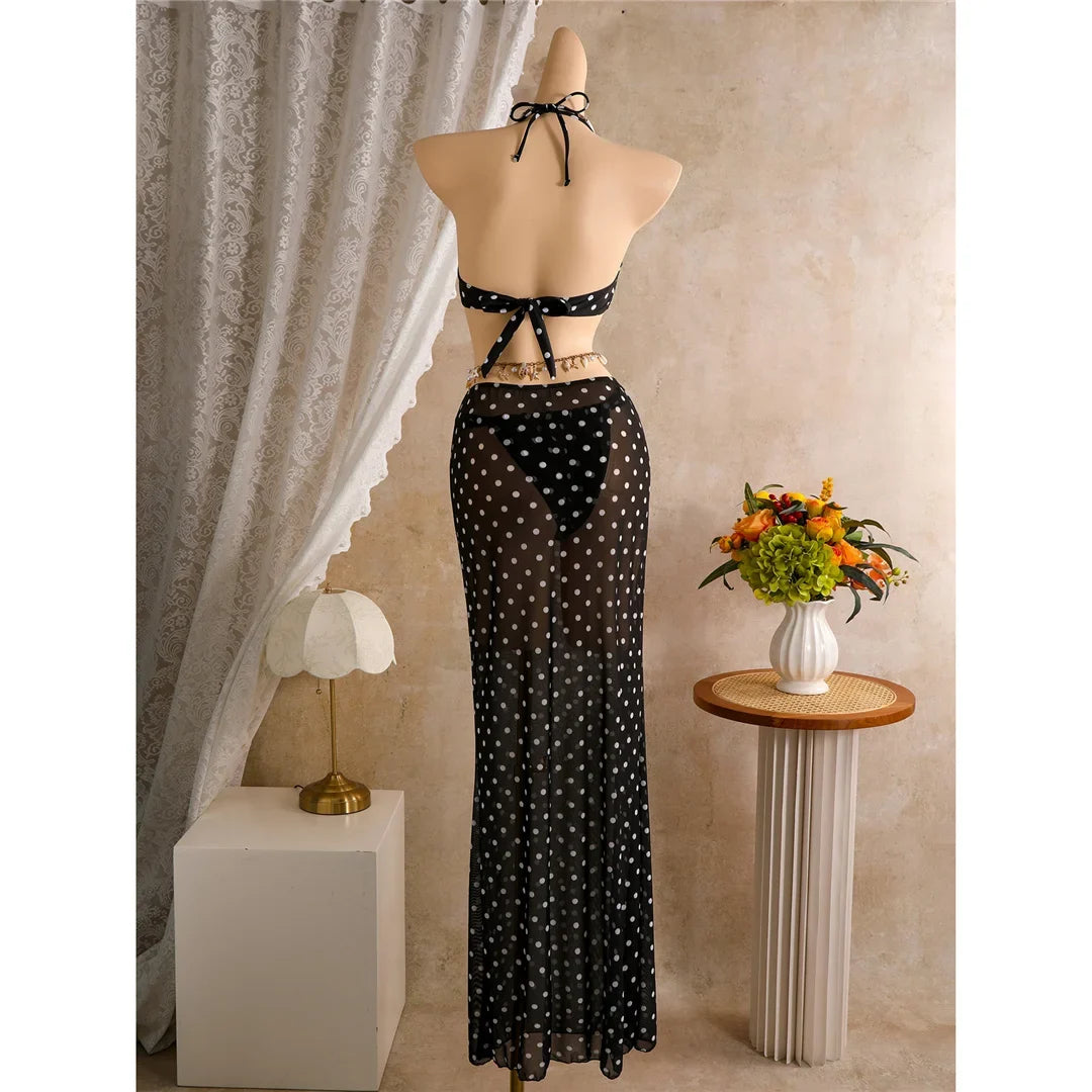 Polka Dots With Skirt Halter Shell Bikini Women Swimwear Female Swimsuit Three-Pieces Bikini Set Bather Bathing Suit Swim V8313