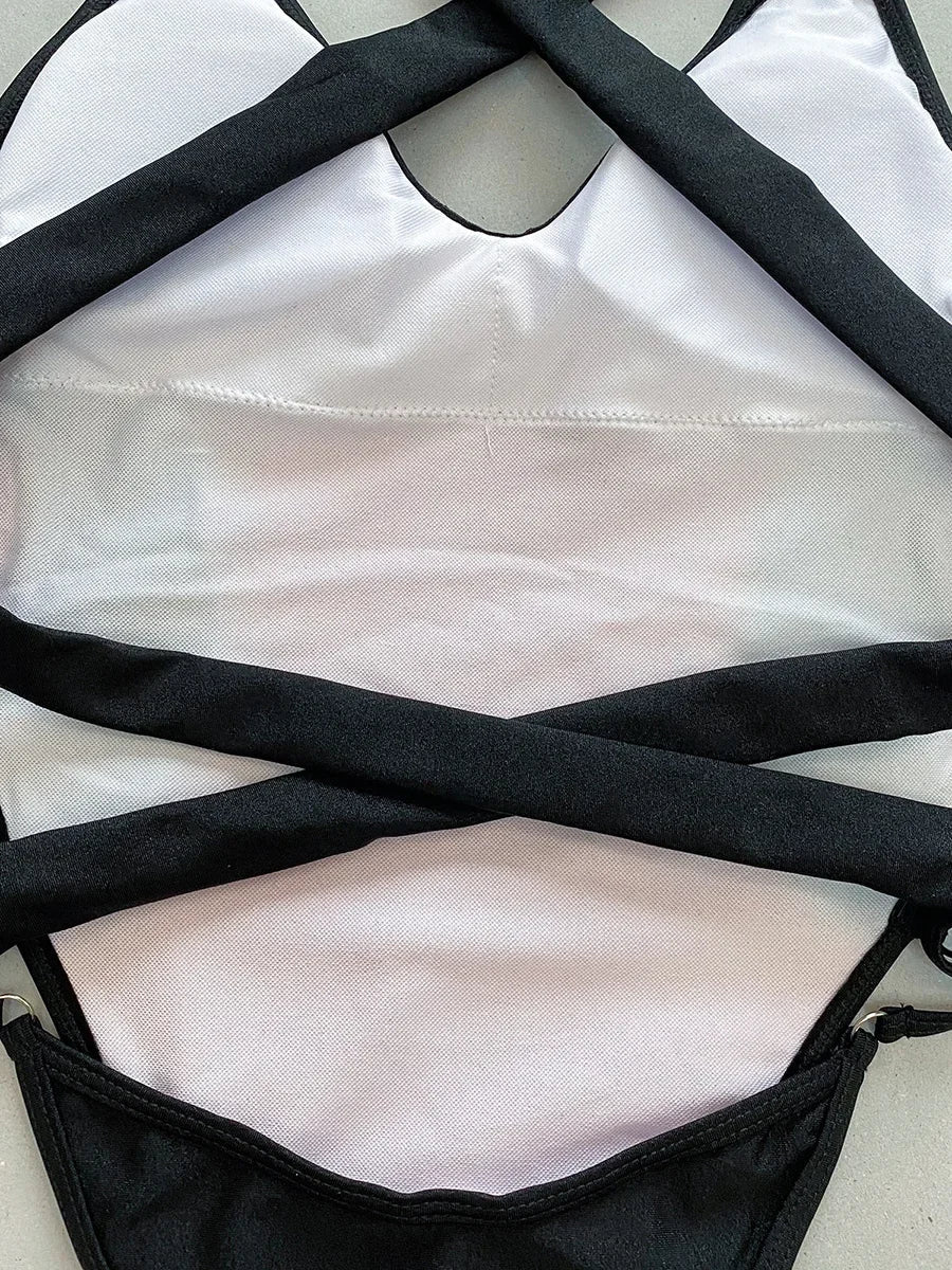 Splicing V Neck Cross Backless Women Thong Swimwear One Piece Swimsuit Female Monokini High Leg Cut Bathing Suit Swim Beach Wear