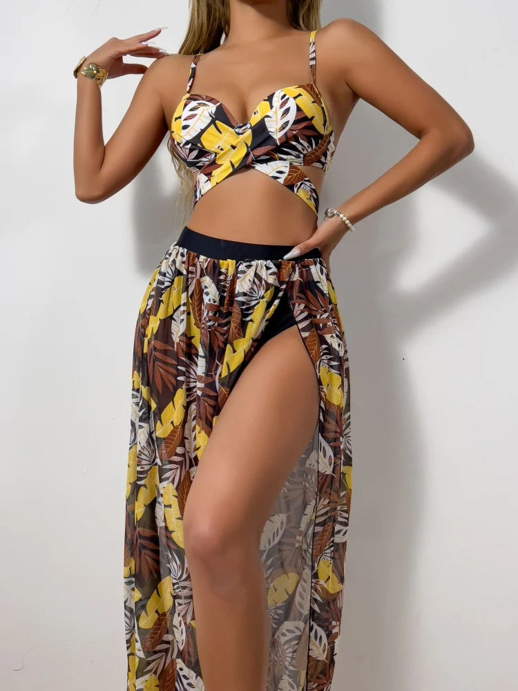 3 Pieces Strappy Bikini 2026 Women Push Up Swimsuit Sexy Swimwear Female With Beach Dress Bathers Bathing Swimming Swim Suit