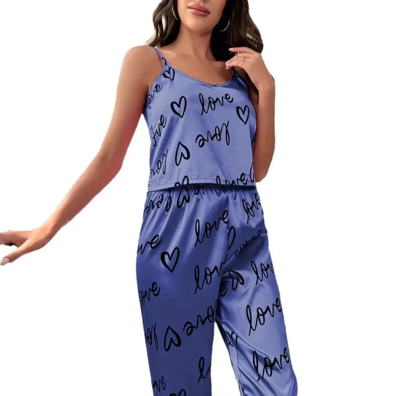 Women's Satin Floral Pajama Sets with Spaghetti Strap Tops and Long Pants Sleepwear 2 Piece Sleeveless Home Clothes Loungewear