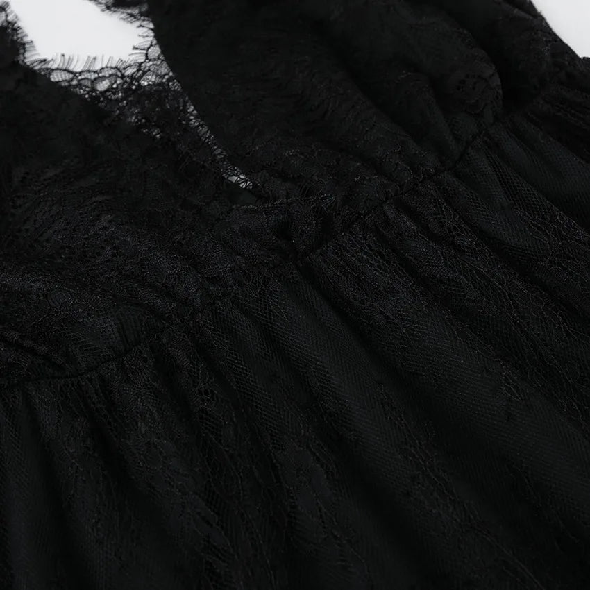Sexy Deep V-neck Sleeveless Lace Dress Streetwear Women 2026 Backless Tunics A-line Party Dresses Long Maxi Robe Black White